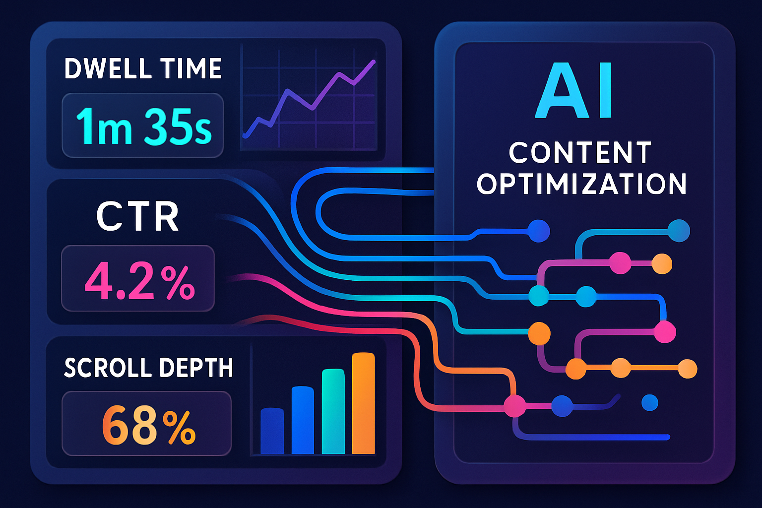 An AI interface displaying real-time user engagement metrics like dwell time, CTR, and scroll depth, with data flowing into a <a href=