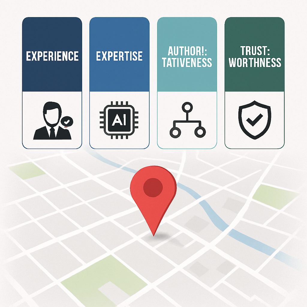 An infographic illustrating the four pillars of E-E-A-T (Experience, Expertise, Authoritativeness, Trustworthiness) applied to a local business context, with AI automation symbols.