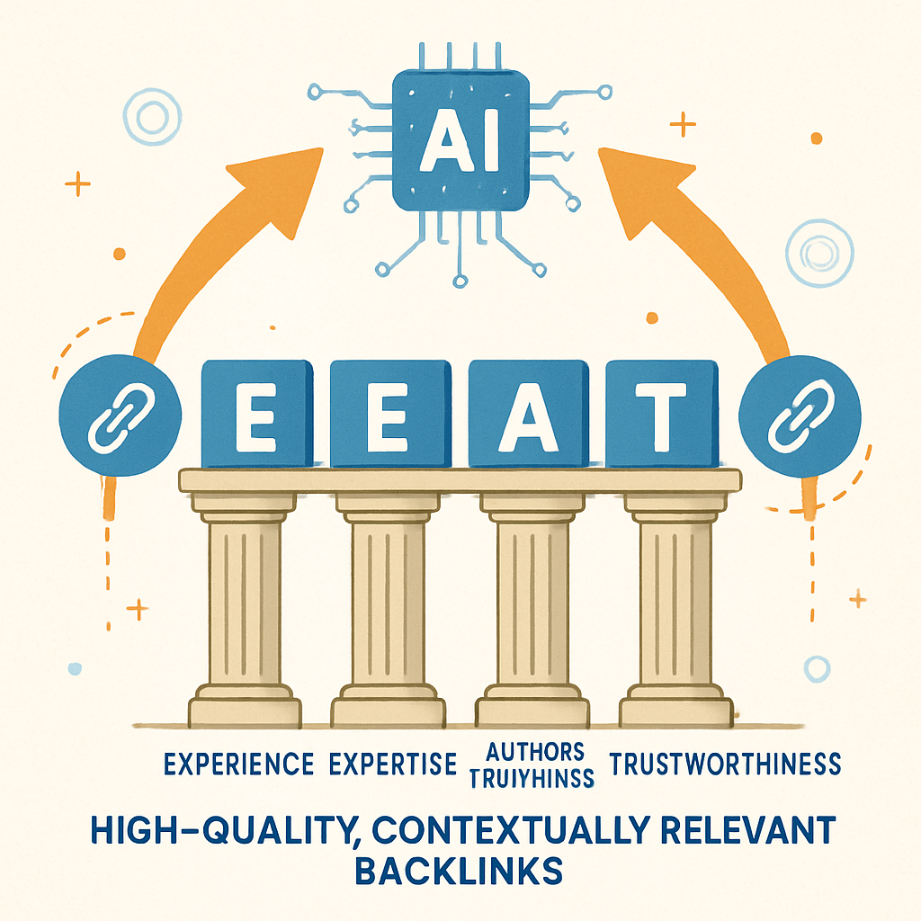 An illustration of the E-E-A-T pillars (Experience, Expertise, Authoritativeness, Trustworthiness) being strengthened and supported by high-quality, contextually relevant backlinks, with AI symbols.