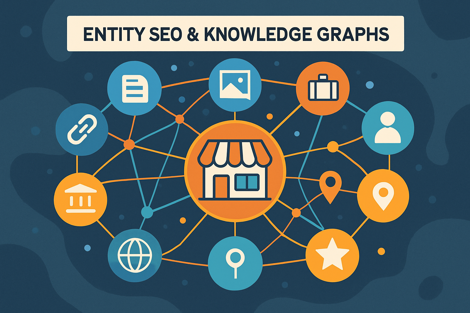 An abstract visualization of interconnected entities forming a knowledge graph around a local business, demonstrating how Entity SEO helps search engines understand relationships.