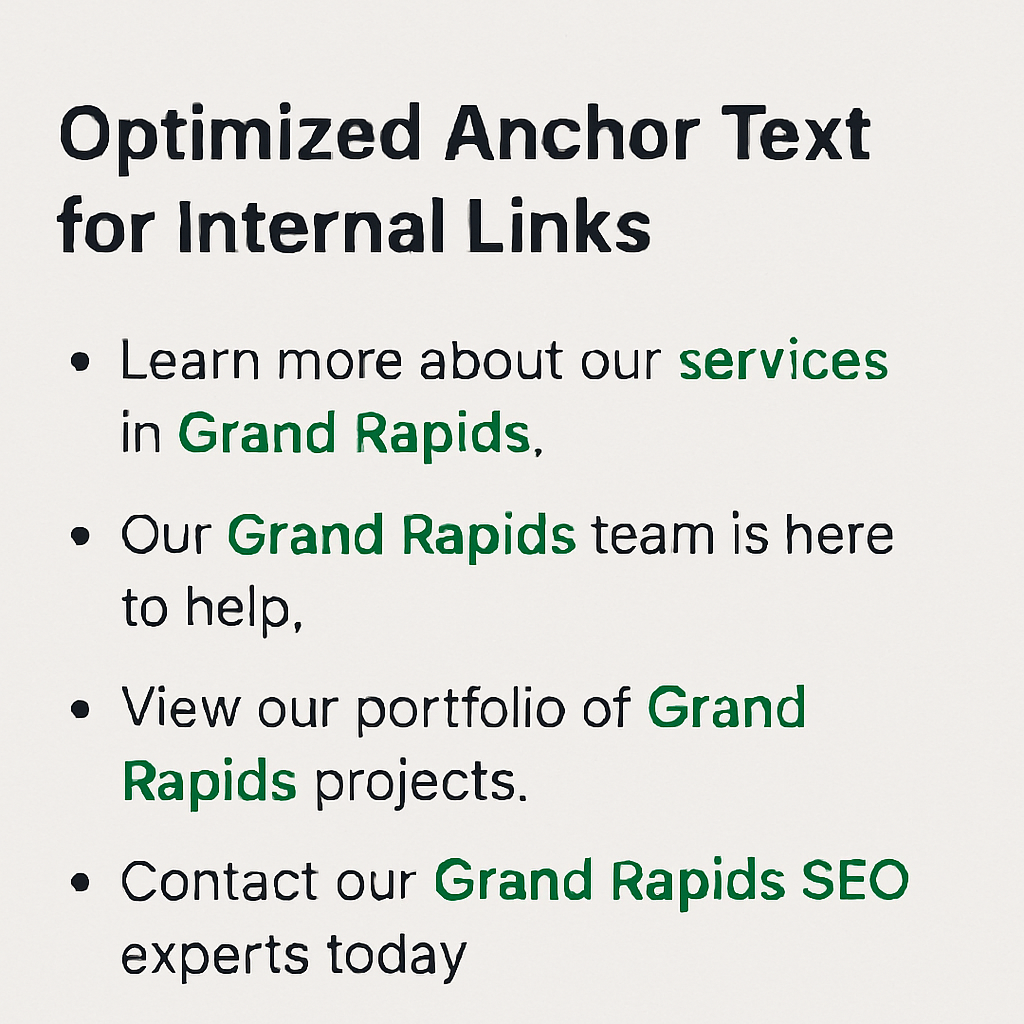 A close-up of a web page showing various examples of optimized anchor text for internal links, with Grand Rapids-specific keywords highlighted, demonstrating best practices for local SEO.
