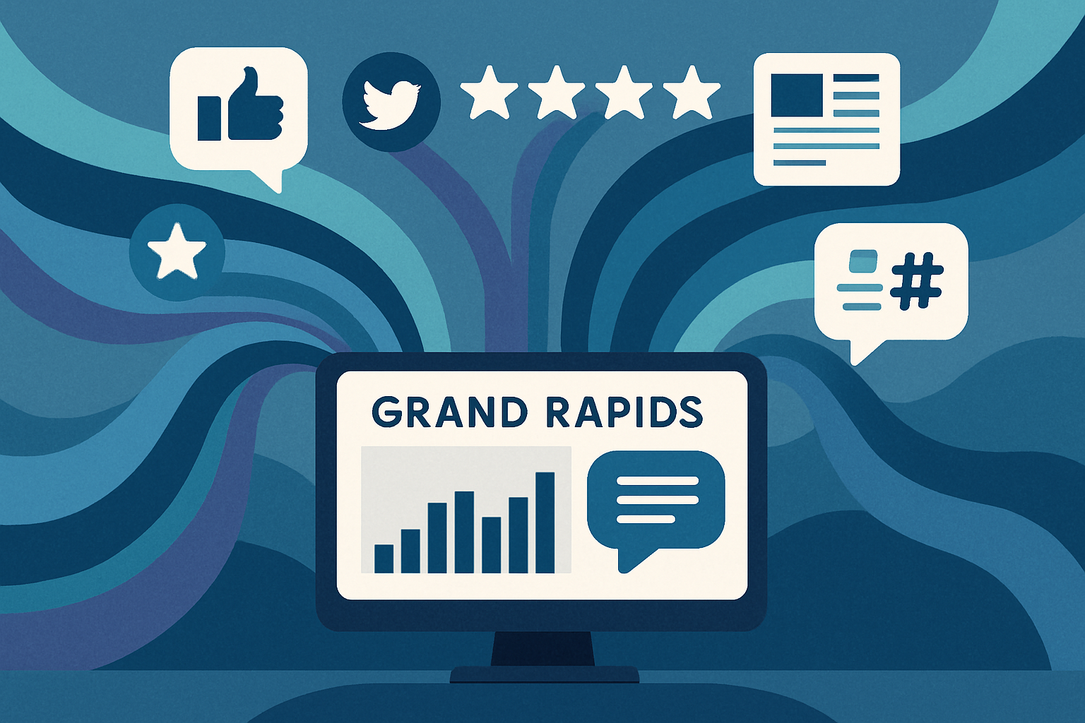 An abstract visualization of digital data streams from social media, review sites, and local news converging into a central analytics dashboard, symbolizing comprehensive brand mention monitoring for Grand Rapids businesses.
