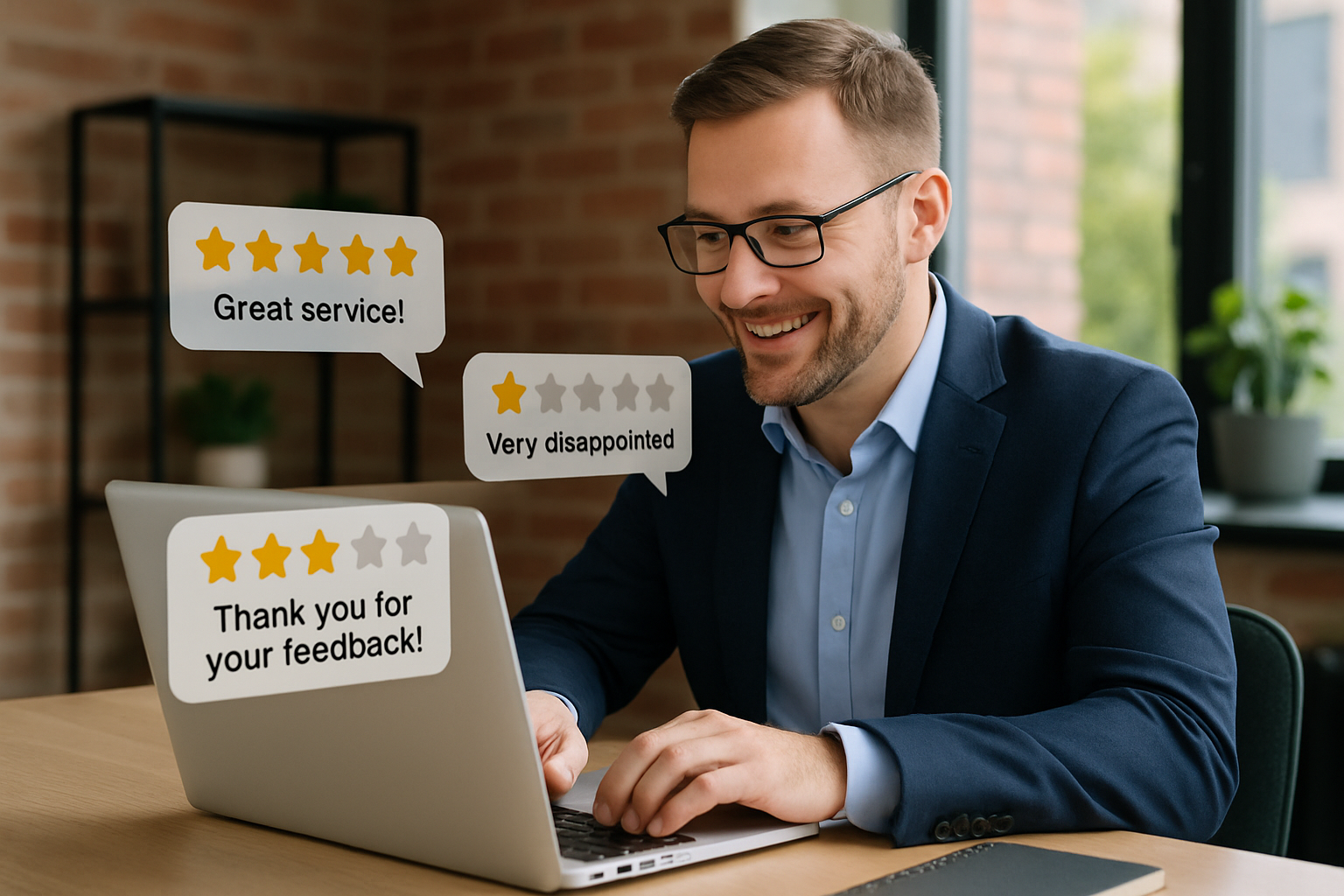 A Grand Rapids business owner professionally responding to both positive and negative customer reviews on a laptop, demonstrating effective reputation management.