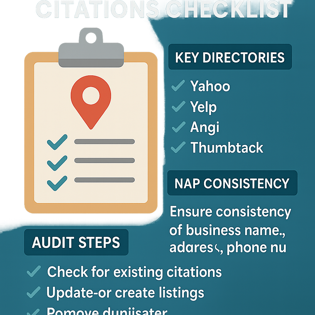 An infographic illustrating a checklist for Grand Rapids local citations, including key directories, NAP consistency, and audit steps, with a focus on service providers.