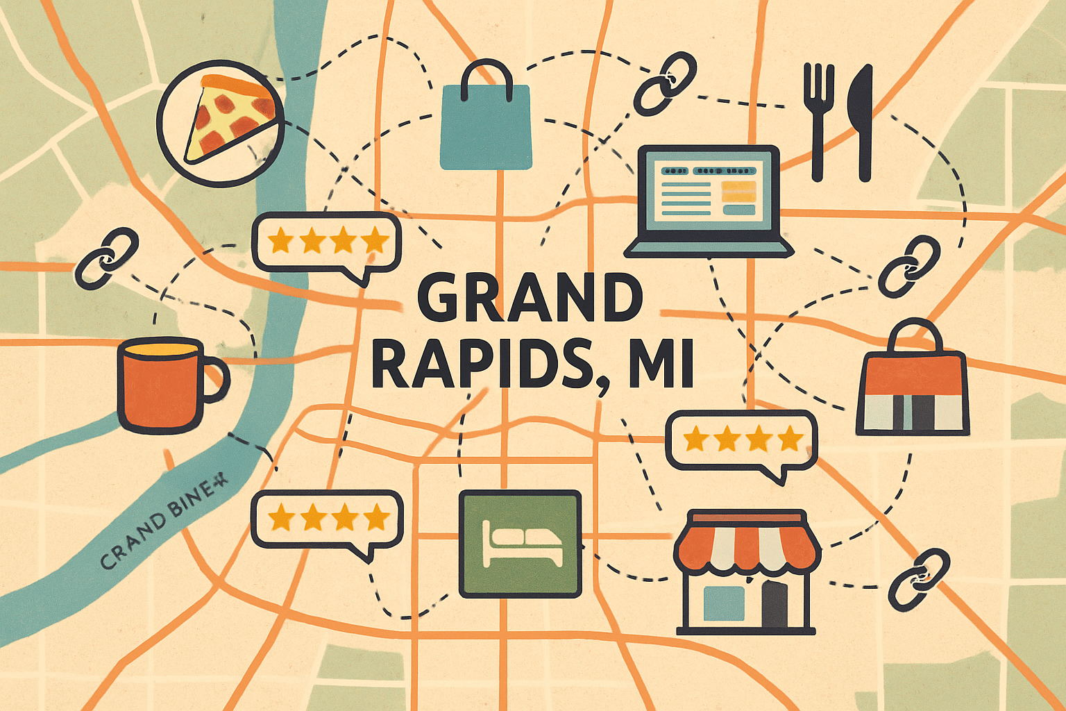 A stylized map of Grand Rapids, Michigan, with various local service businesses marked by icons, and interconnected lines representing their online presence, customer reviews, and backlink networks, visually depicting the competitive local SEO landscape.
