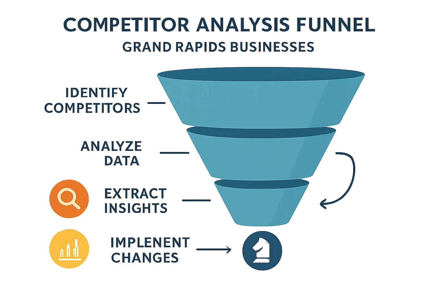An infographic depicting a strategic competitor analysis funnel specifically for Grand Rapids service businesses, outlining steps from competitor identification and data collection to insight extraction and the implementation of actionable local SEO strategies.
