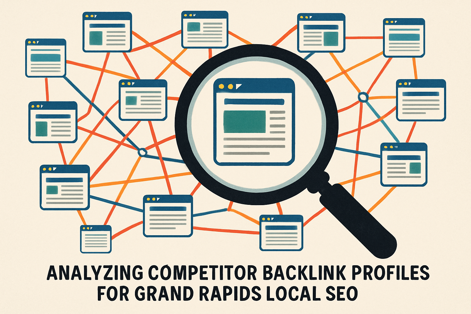 A magnifying glass examining a complex network of interconnected websites, symbolizing the process of analyzing competitor backlink profiles for Grand Rapids local SEO.