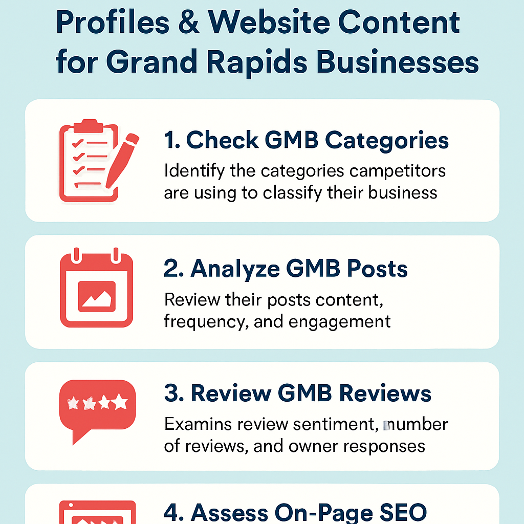 An infographic detailing the steps to analyze competitor Google My Business profiles and website content for Grand Rapids businesses, focusing on categories, posts, reviews, and on-page SEO.