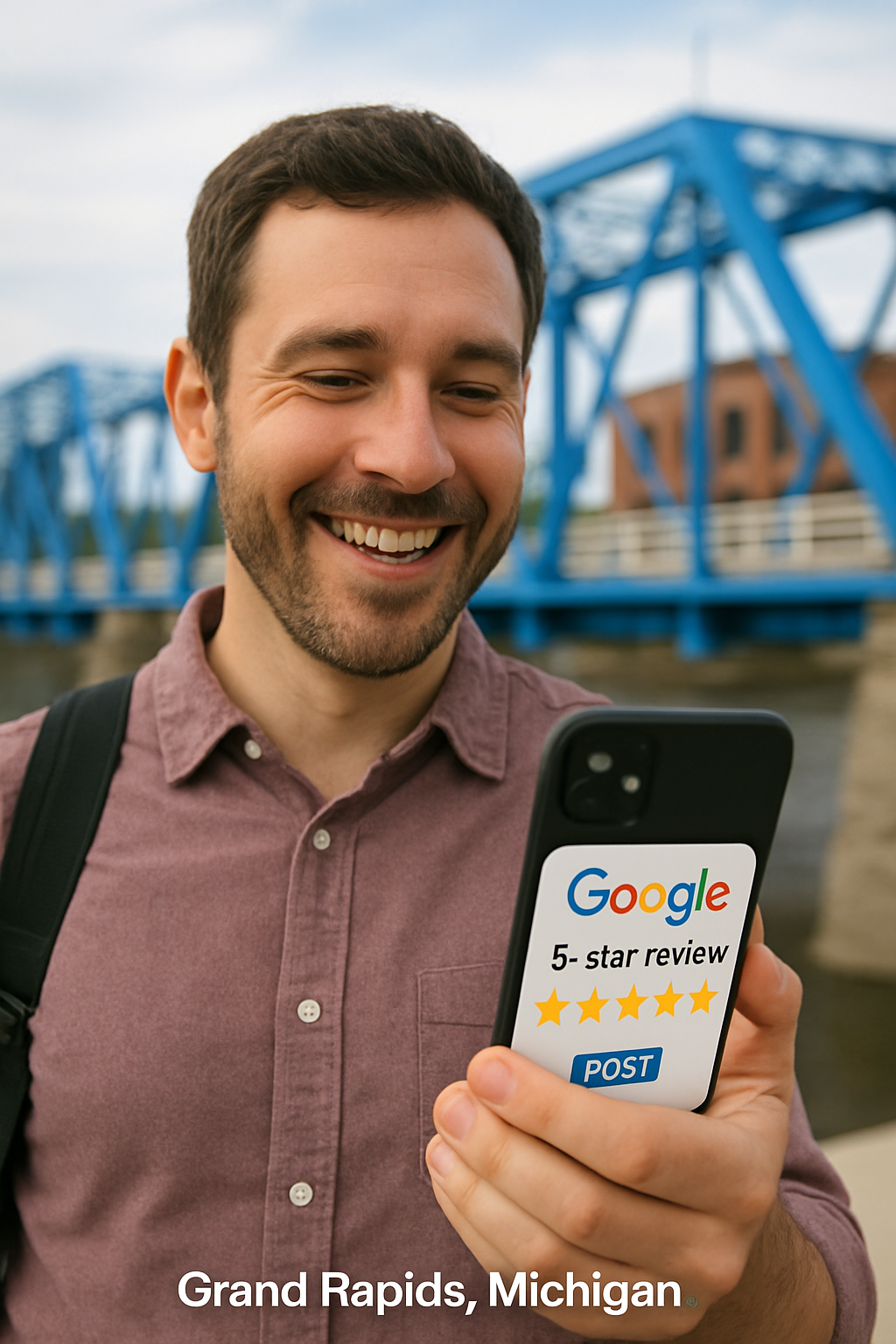 A happy customer in Grand Rapids, Michigan, leaving a 5-star Google review on their smartphone, with a blurred background of a local Grand Rapids landmark.