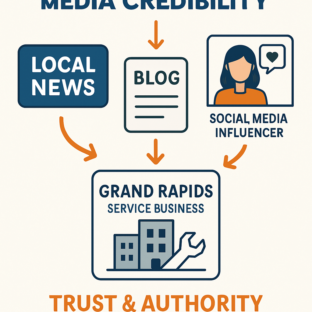 An infographic illustrating the concept of earned media credibility, showing a local news logo, a blog icon, and a social media influencer icon, all pointing towards a Grand Rapids service business, emphasizing trust and authority.