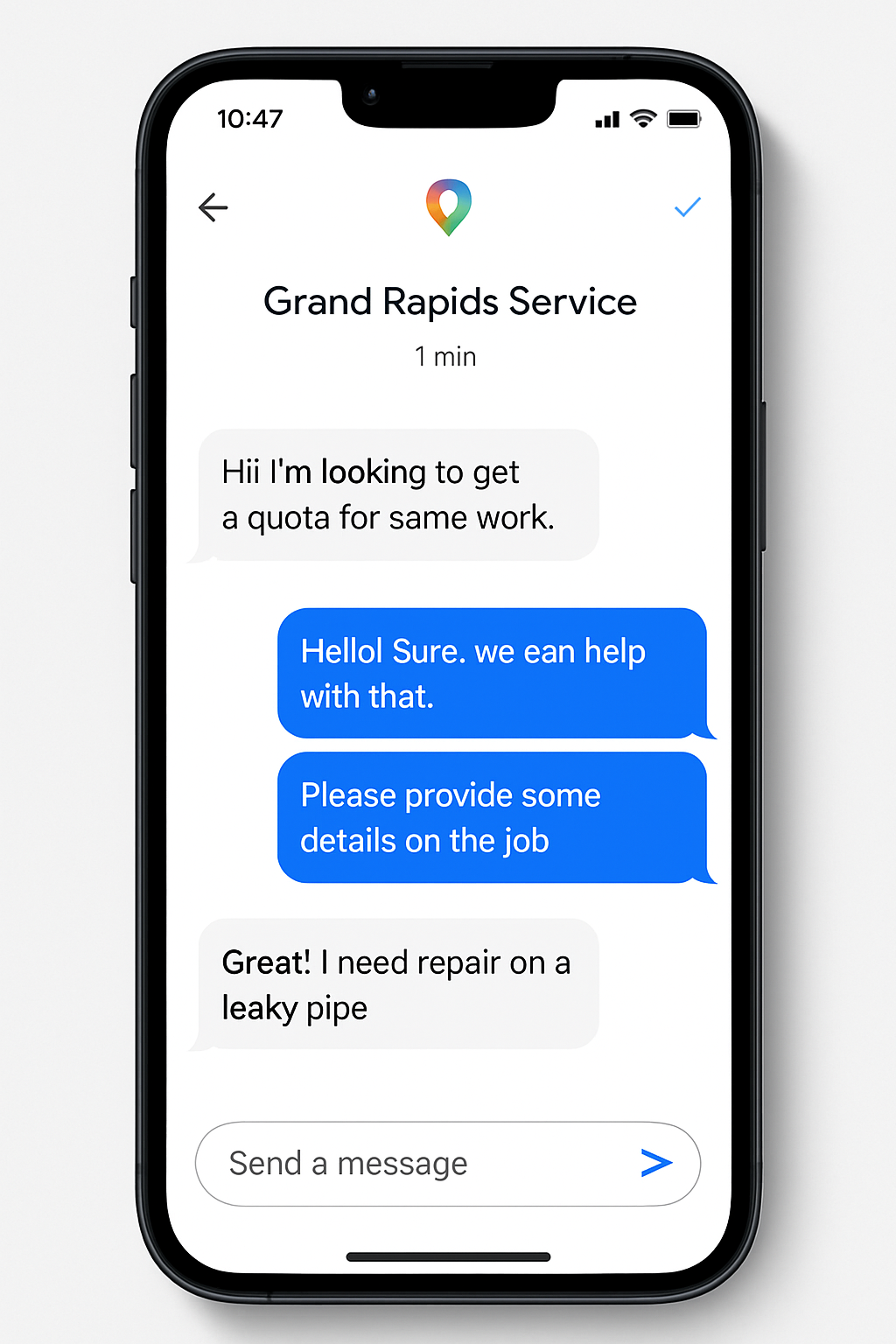 A smartphone screen showing a direct messaging conversation between a Grand Rapids service business and a customer via Google My Business, highlighting instant engagement.