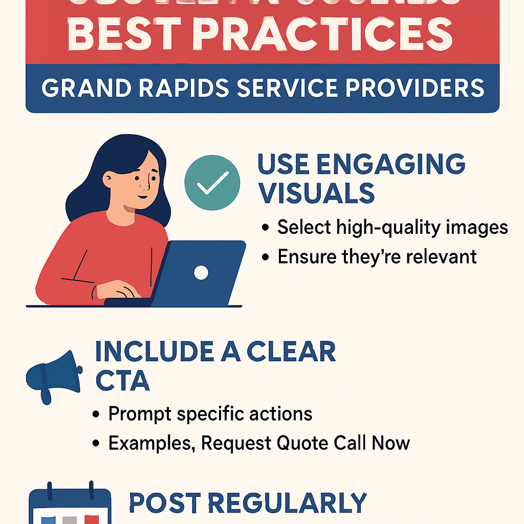 An infographic outlining best practices for creating effective Google My Business posts for Grand Rapids service providers, including tips on visuals, CTAs, and regularity.