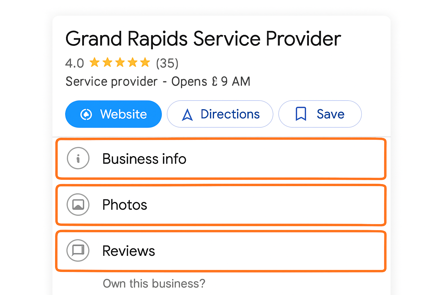 A screenshot of a Google My Business profile for a Grand Rapids service business, highlighting optimized sections for maximum local visibility.
