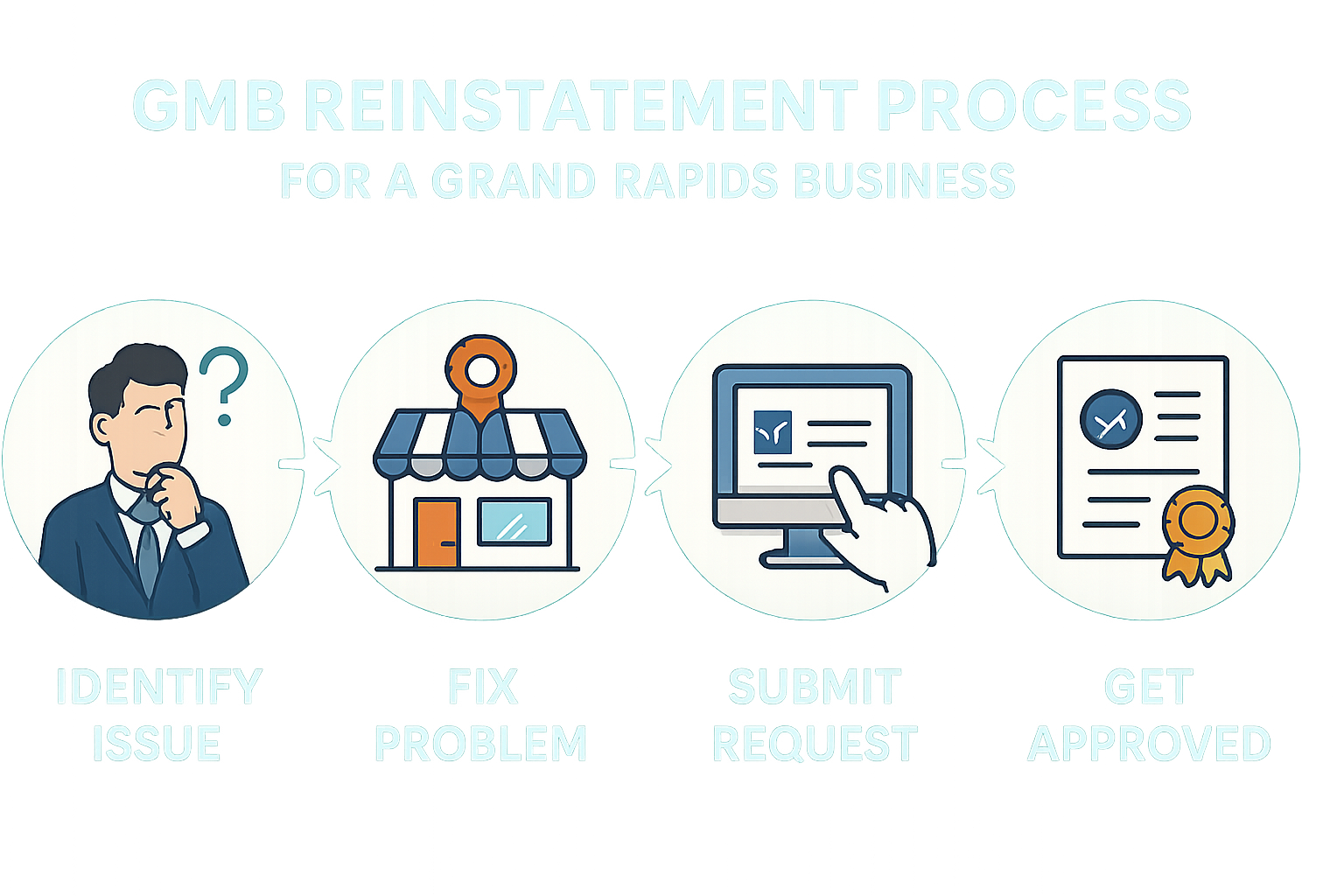 A graphic illustrating the GMB reinstatement process for a Grand Rapids business, showing steps from identifying the issue to submitting a request and getting approved.