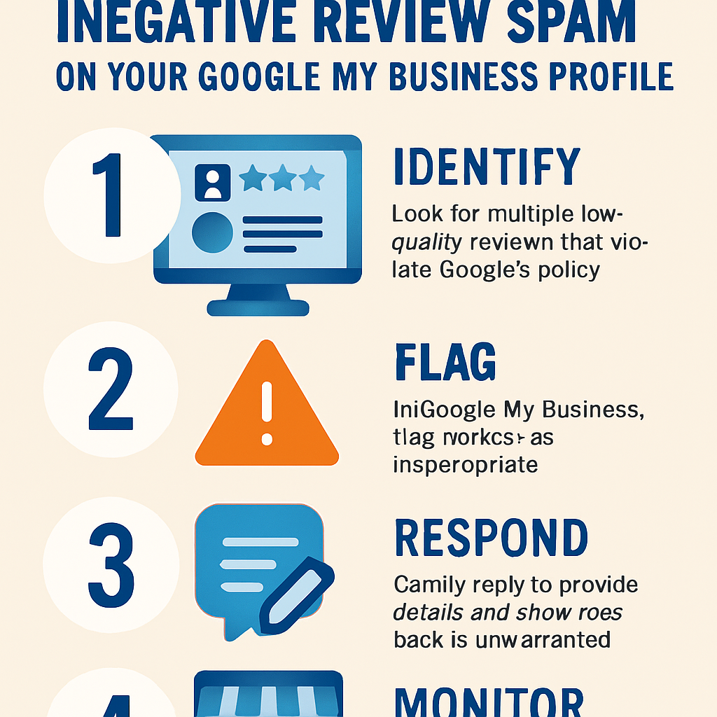 An infographic outlining the steps for Grand Rapids service providers to identify, flag, and respond to negative review spam on their Google My Business profile.