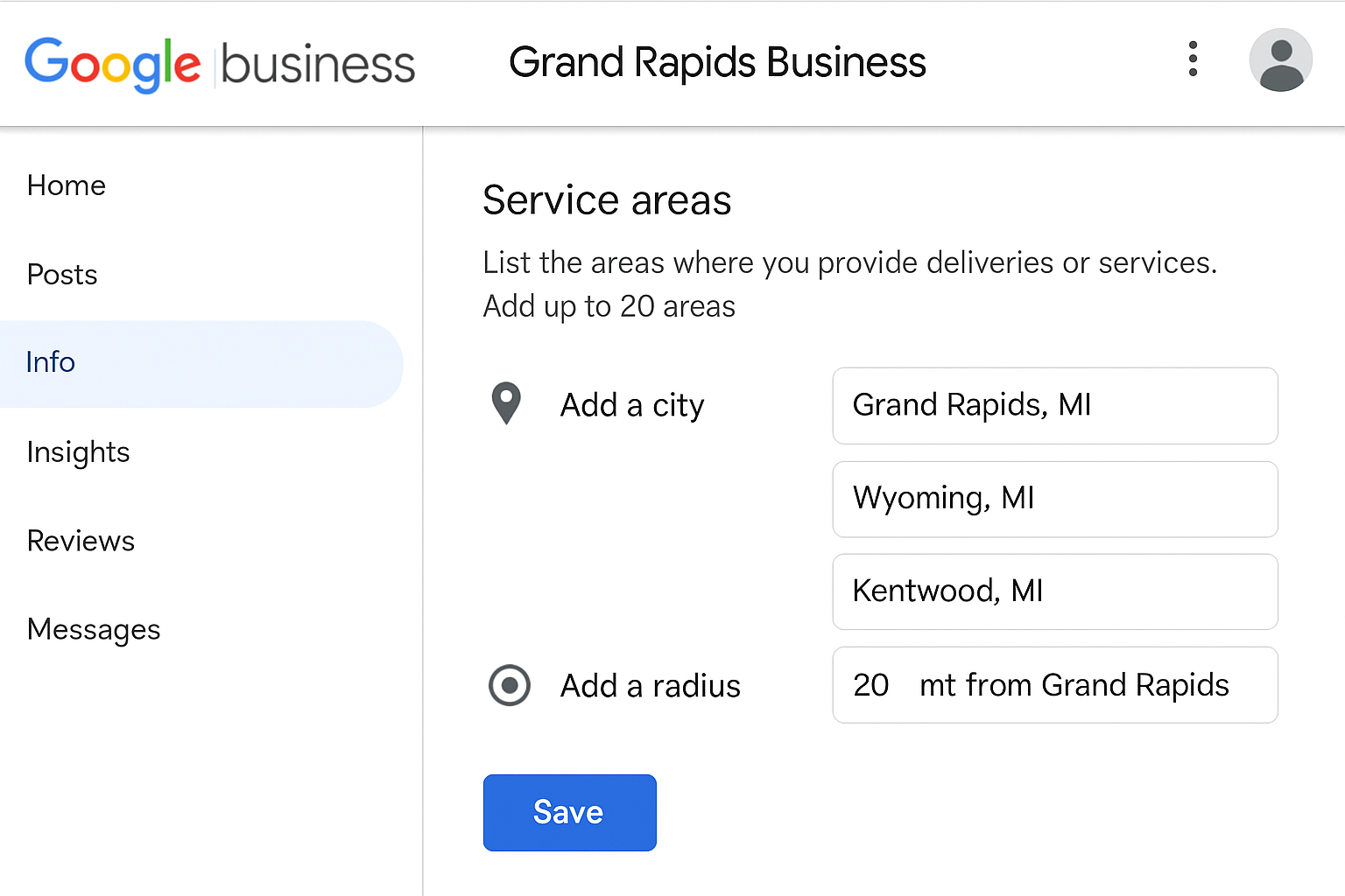 A screenshot of the Google My Business dashboard showing the 'Service areas' settings, with options to add cities or a radius, relevant for Grand Rapids businesses.