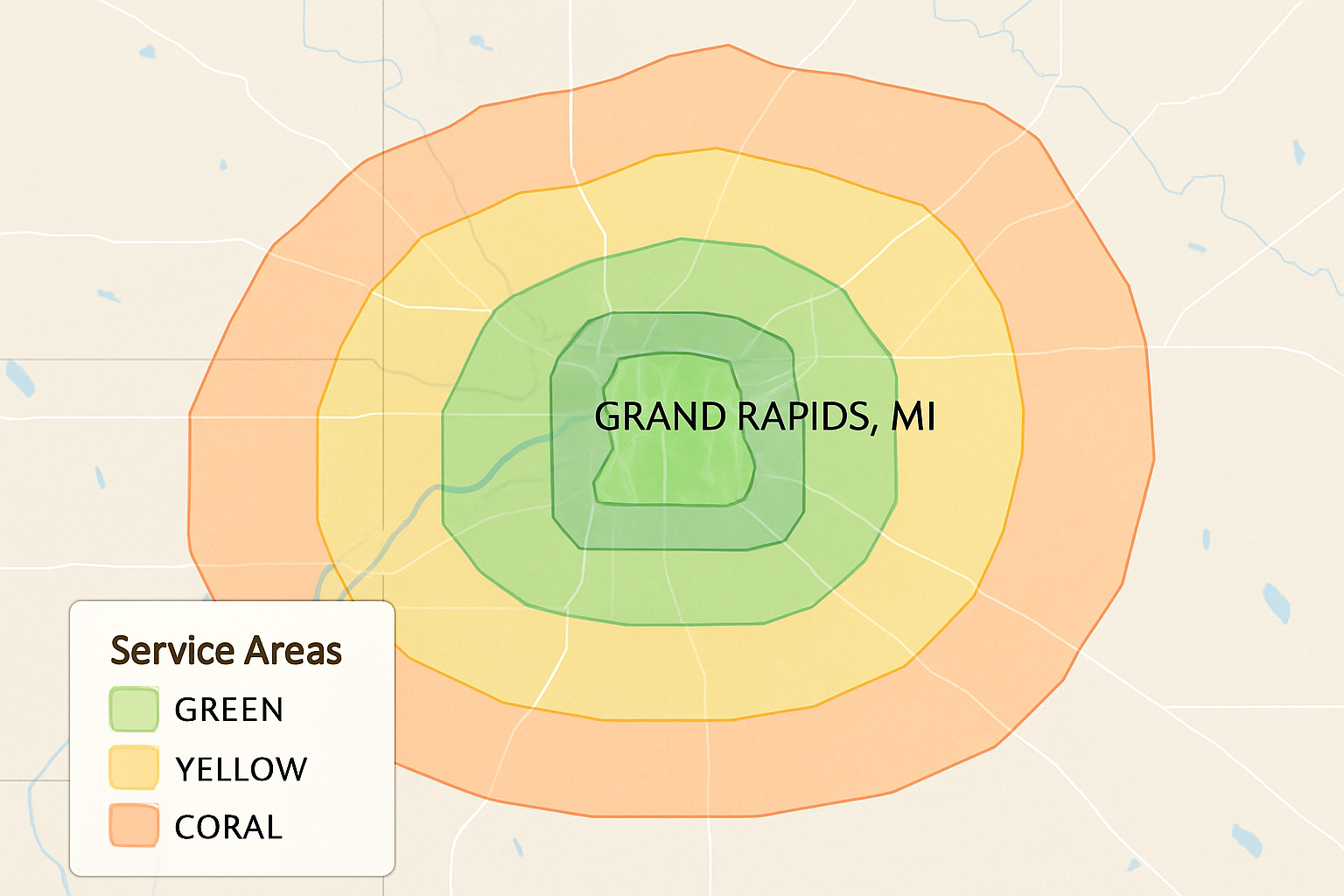 A digital map of Grand Rapids, Michigan, with various service areas highlighted, demonstrating how a service business defines its operational zones within GMB.