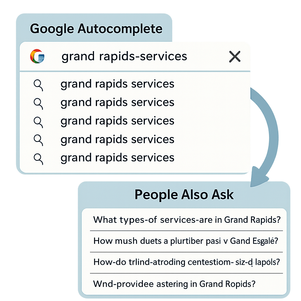 An infographic demonstrating Google Autocomplete suggestions and 'People Also Ask' results for a search query related to 'Grand Rapids services,' illustrating keyword discovery.