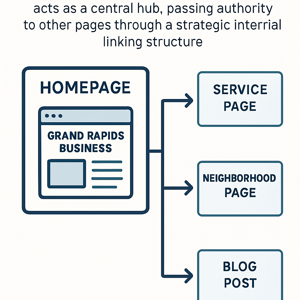 An infographic demonstrating how a well-optimized homepage for a Grand Rapids business acts as a central hub, passing authority to service pages, neighborhood pages, and blog posts through a strategic internal linking structure.