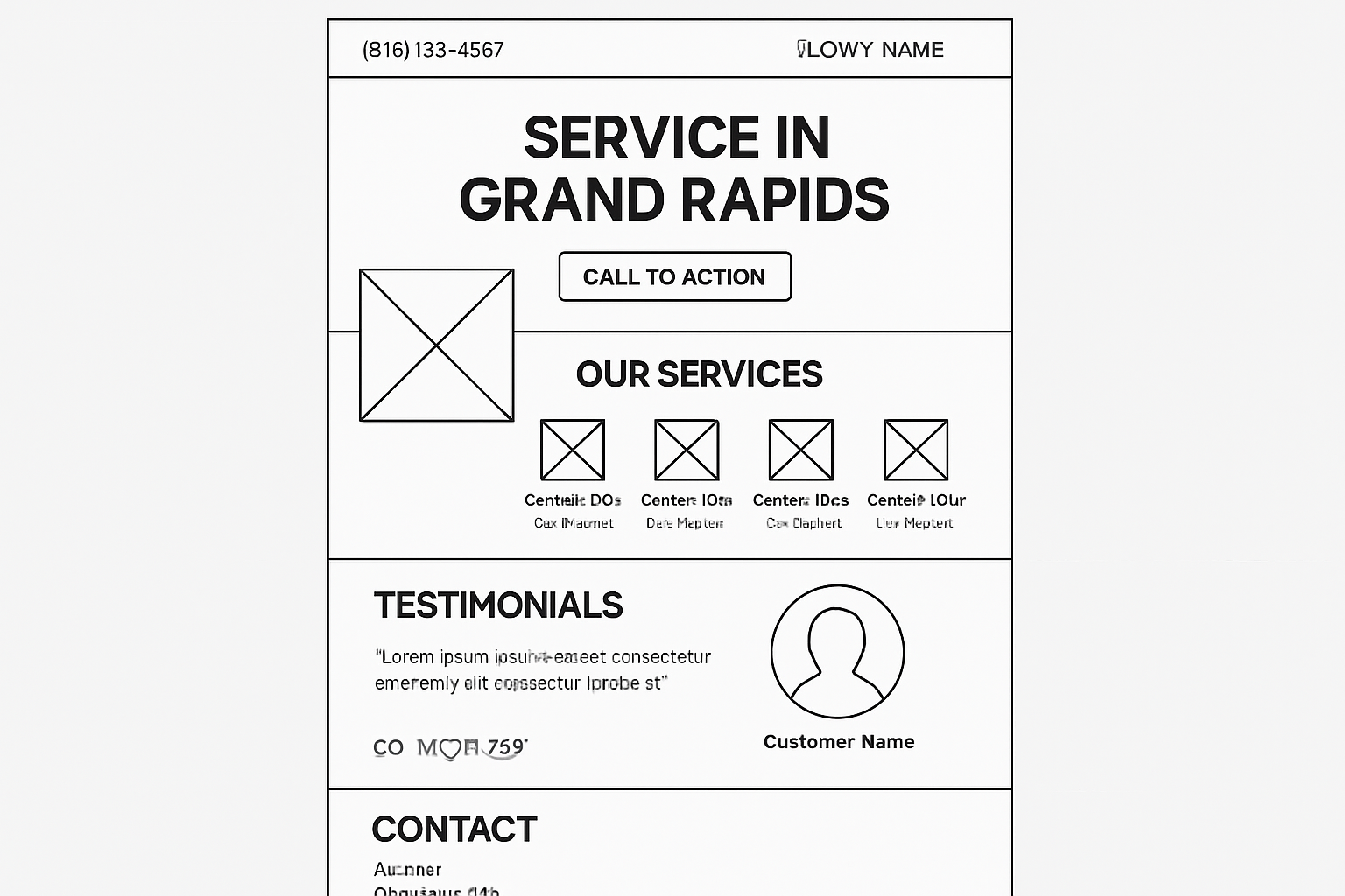 A detailed wireframe of a website homepage optimized for a Grand Rapids service business, showcasing key elements like a local H1 heading, prominent NAP in the header, customer testimonials, service highlights with icons, and a clear call-to-action.