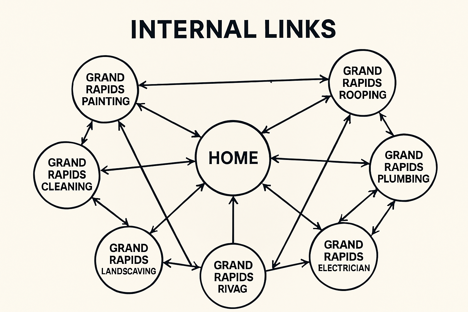 A stylized network diagram representing internal links within a website, with nodes labeled for Grand Rapids service pages and lines connecting them, symbolizing the flow of authority and user navigation.