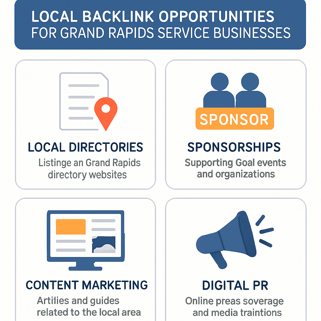 An infographic detailing different types of local backlink opportunities for Grand Rapids service businesses, such as local directories, sponsorships, content marketing, and digital PR.