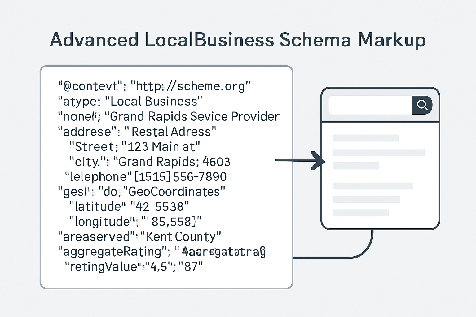 A visual representation of advanced LocalBusiness schema markup for a Grand Rapids service provider, showing fields like name, address, phone, geo-coordinates, areaServed, and aggregateRating being fed to search engines.