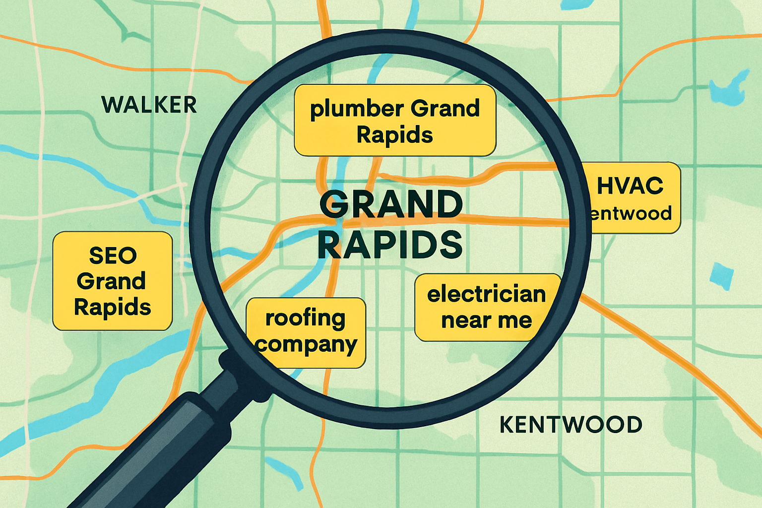 A magnifying glass hovering over a digital map of Grand Rapids, Michigan, with various local keywords like 'plumber Grand Rapids' and 'HVAC Kentwood' highlighted, symbolizing local keyword research.