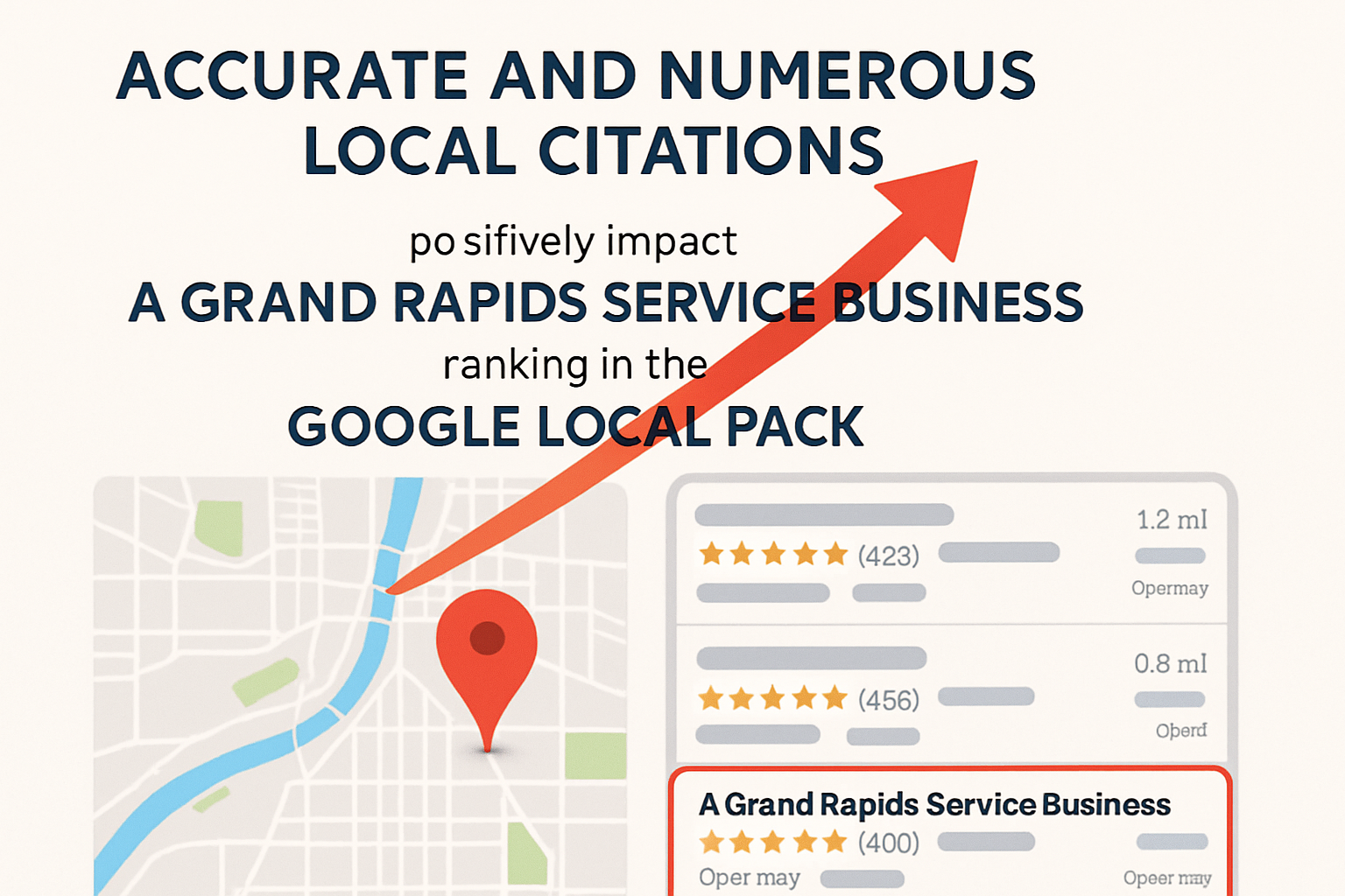 A graphic showing how accurate and numerous local citations positively impact a Grand Rapids service business's ranking in the Google Local Pack, with a map and business listings.
