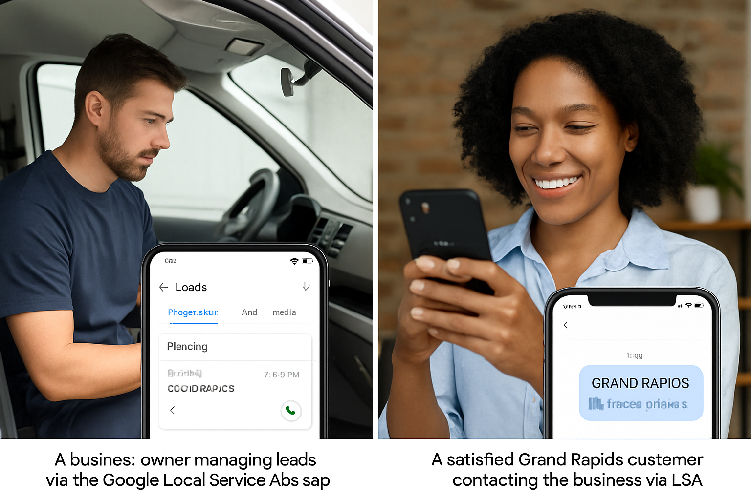 A split-screen image showing a business owner managing leads through the Google Local Service Ads app on one side, and on the other side, a satisfied Grand Rapids customer contacting the business via the LSA.