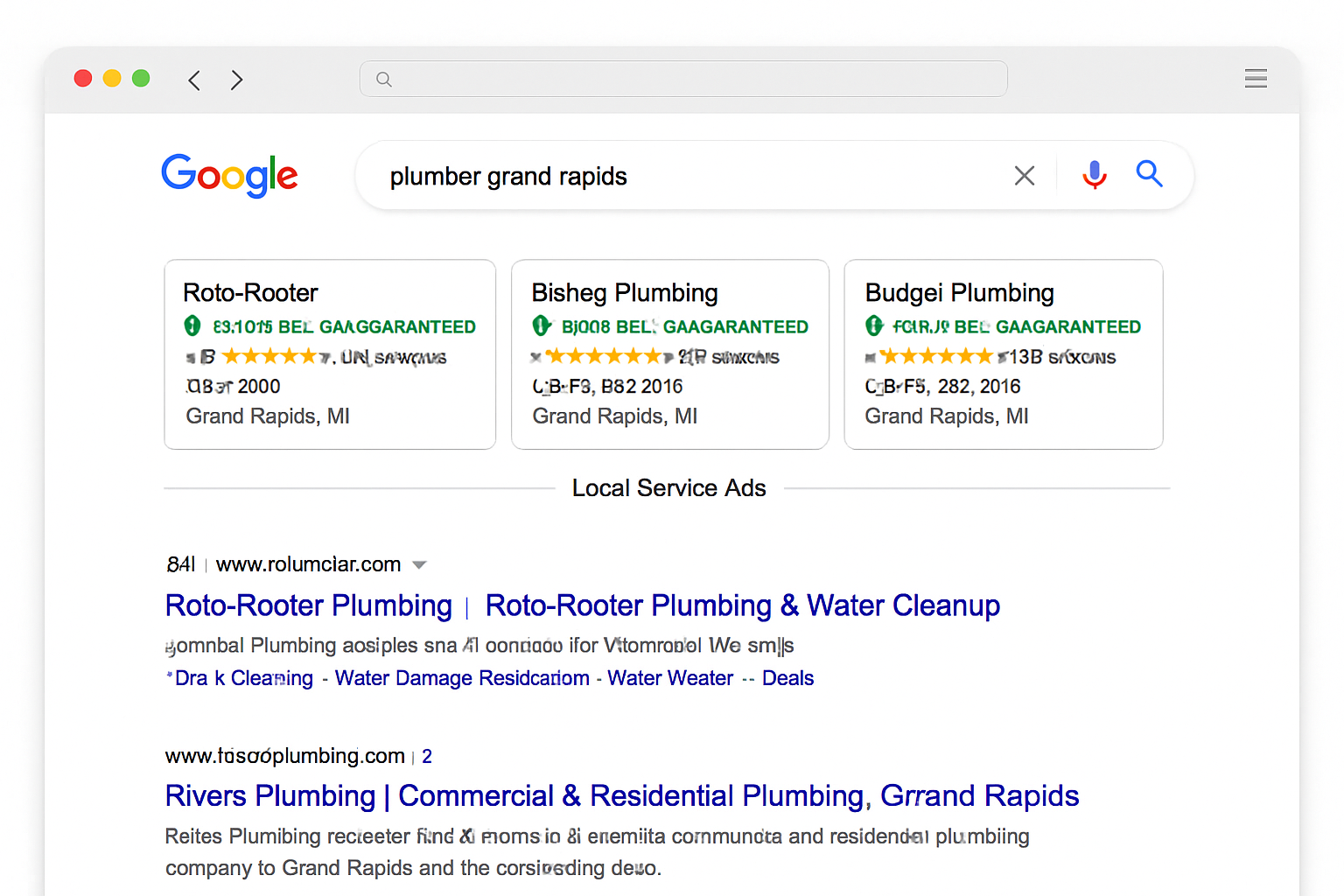 A prominent Google Search Results Page for a local service query in Grand Rapids, clearly showing Local Service Ads at the very top with the