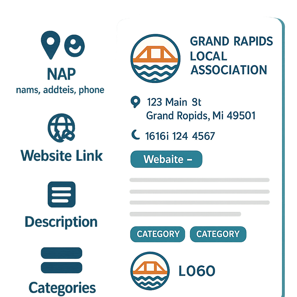 An infographic detailing the essential elements for optimizing an online member profile for a Grand Rapids local association, including consistent NAP, a prominent website link, detailed service description, relevant categories, and a professional logo.