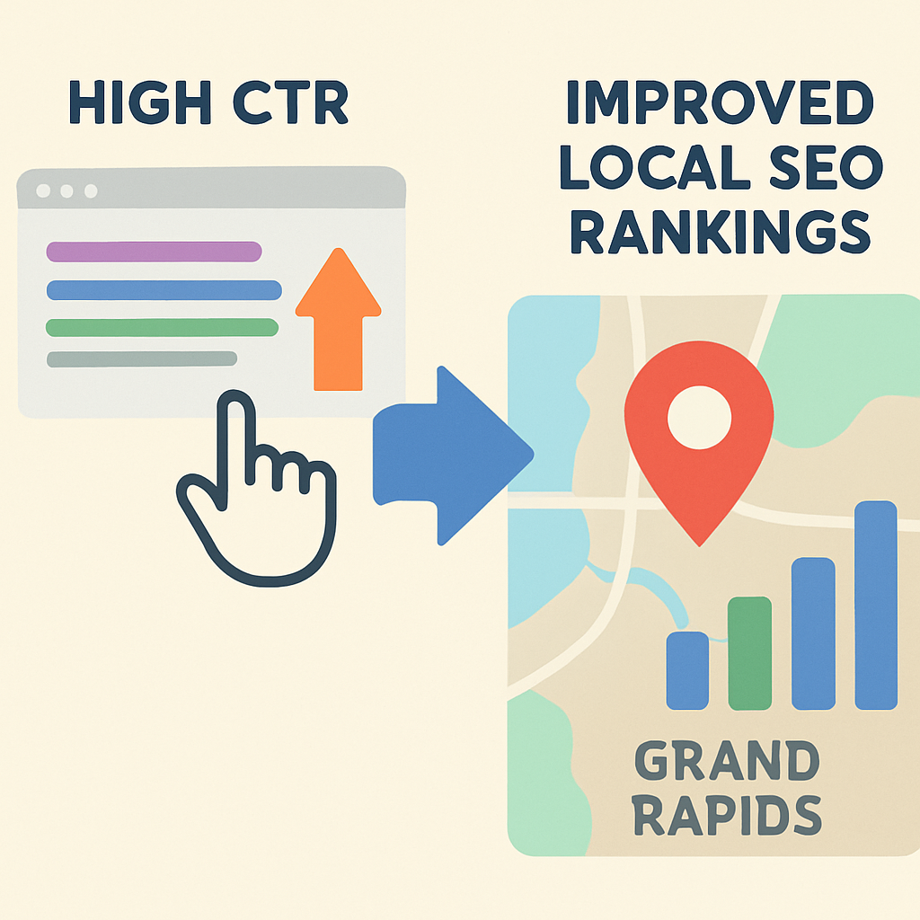 An infographic illustrating the relationship between a high CTR from a meta description and improved local SEO rankings in Grand Rapids.