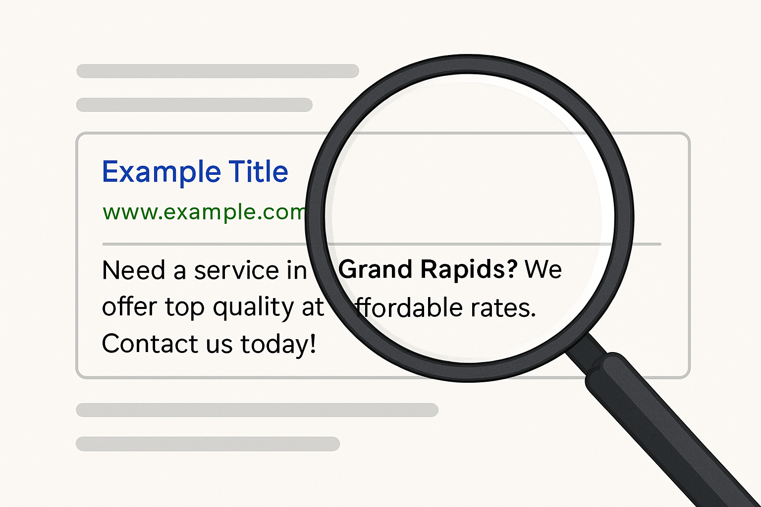 A magnifying glass hovering over a search result snippet, highlighting a compelling meta description with Grand Rapids keywords and a strong CTA.
