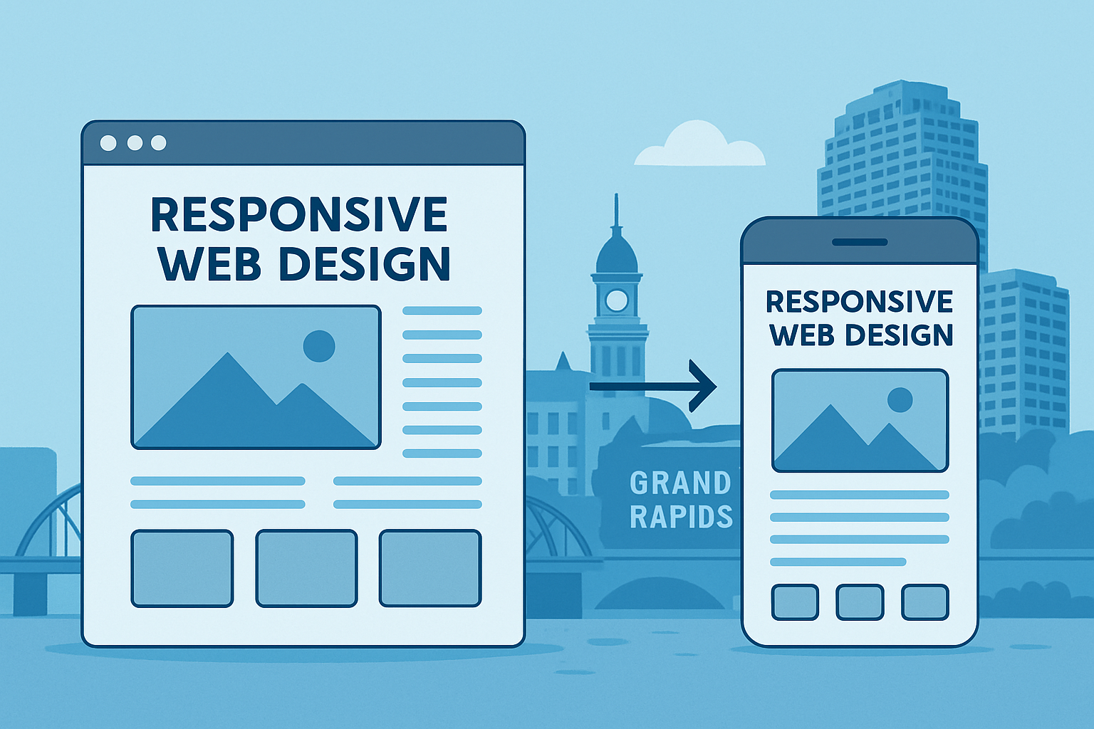 A split-screen visual demonstrating a website transforming from a desktop view to a perfectly optimized mobile-first design, with Grand Rapids landmarks in the background, symbolizing responsive web development.