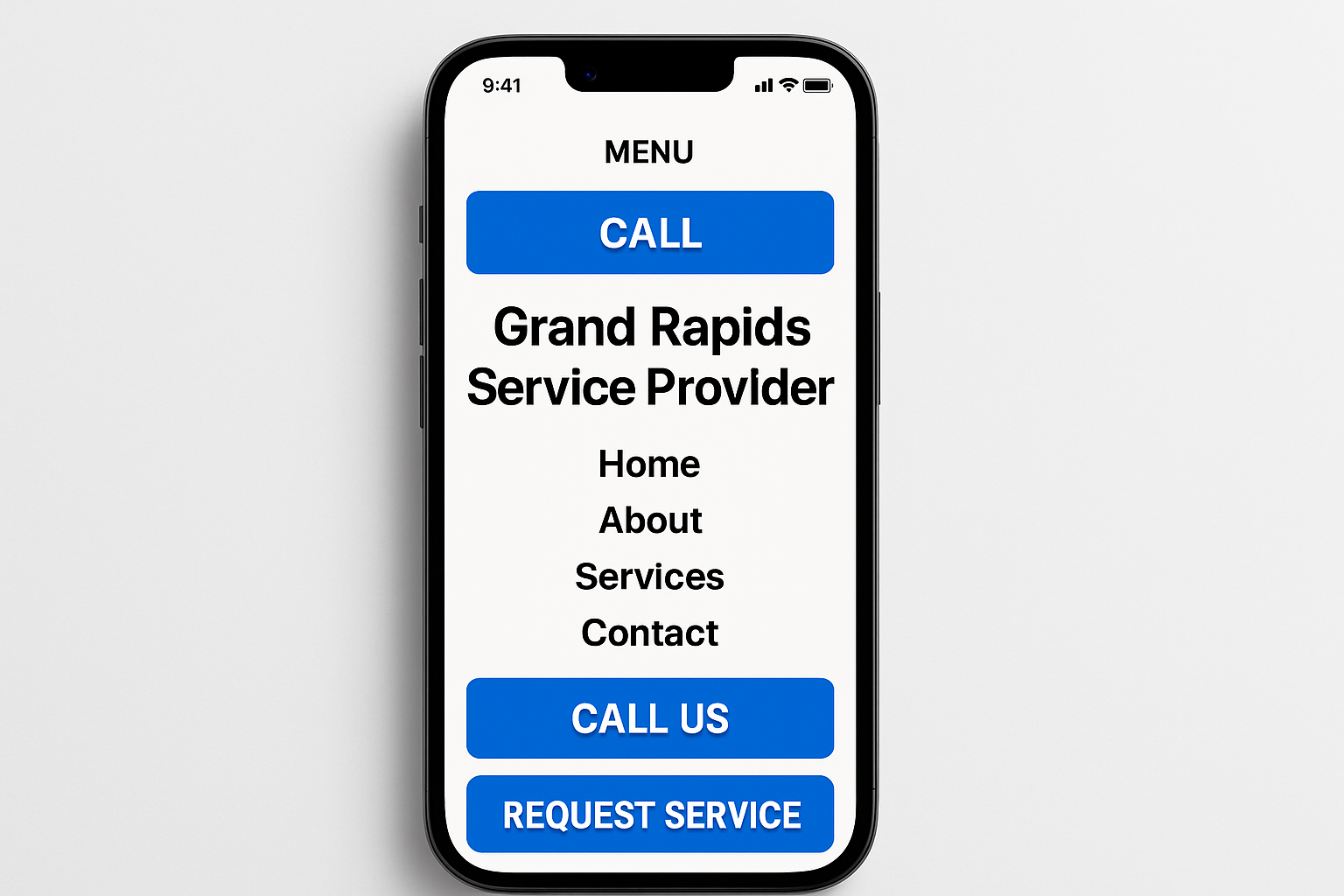 A smartphone screen showcasing a clear and intuitive mobile navigation menu for a Grand Rapids service provider, featuring prominent, easy-to-tap click-to-call buttons and streamlined access to services.