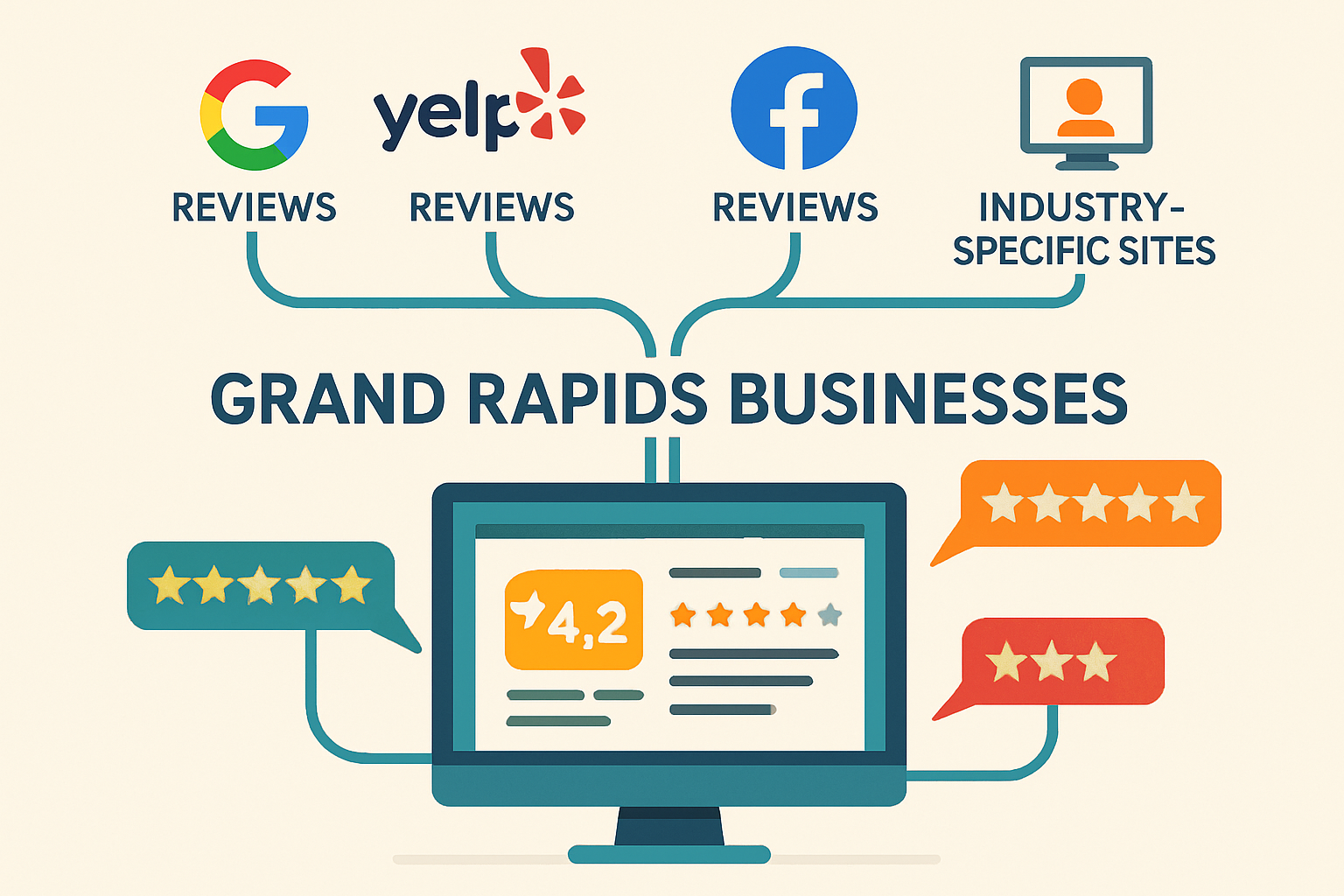 An infographic visualizing comprehensive online review monitoring for Grand Rapids service businesses, showing data streams from Google My Business, Yelp, Facebook, and industry-specific review sites converging into a central analytics dashboard, emphasizing proactive management.