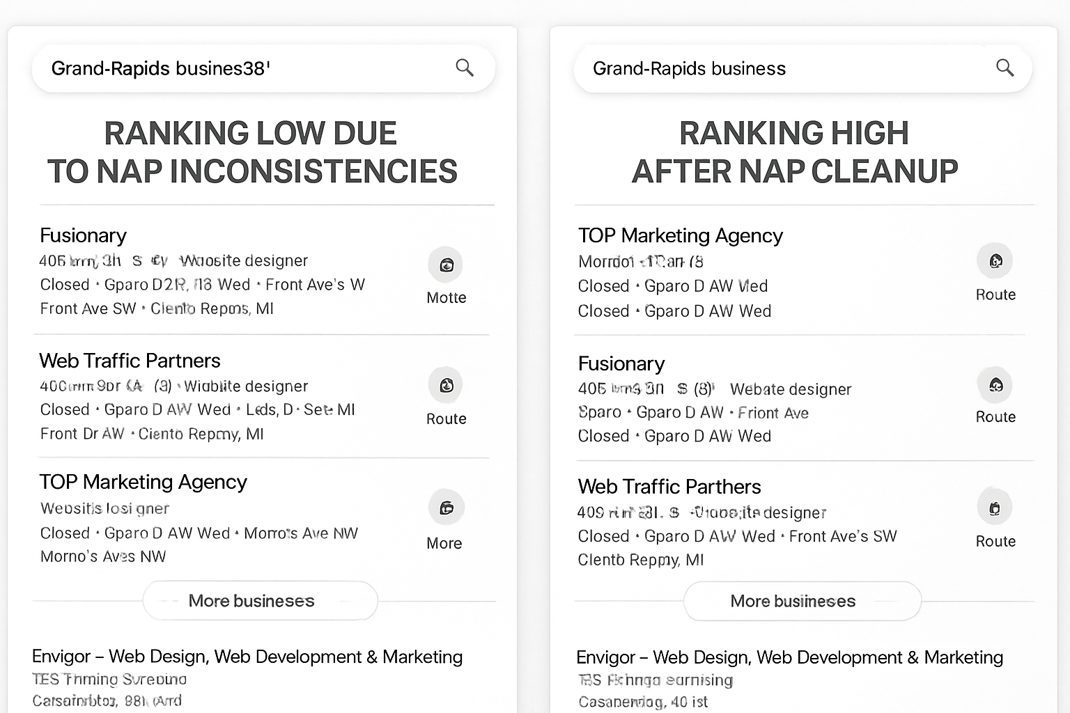 A split-screen image showing a Grand Rapids business ranking low in local search results due to NAP inconsistencies on one side, and ranking high in the local pack after NAP cleanup on the other side.
