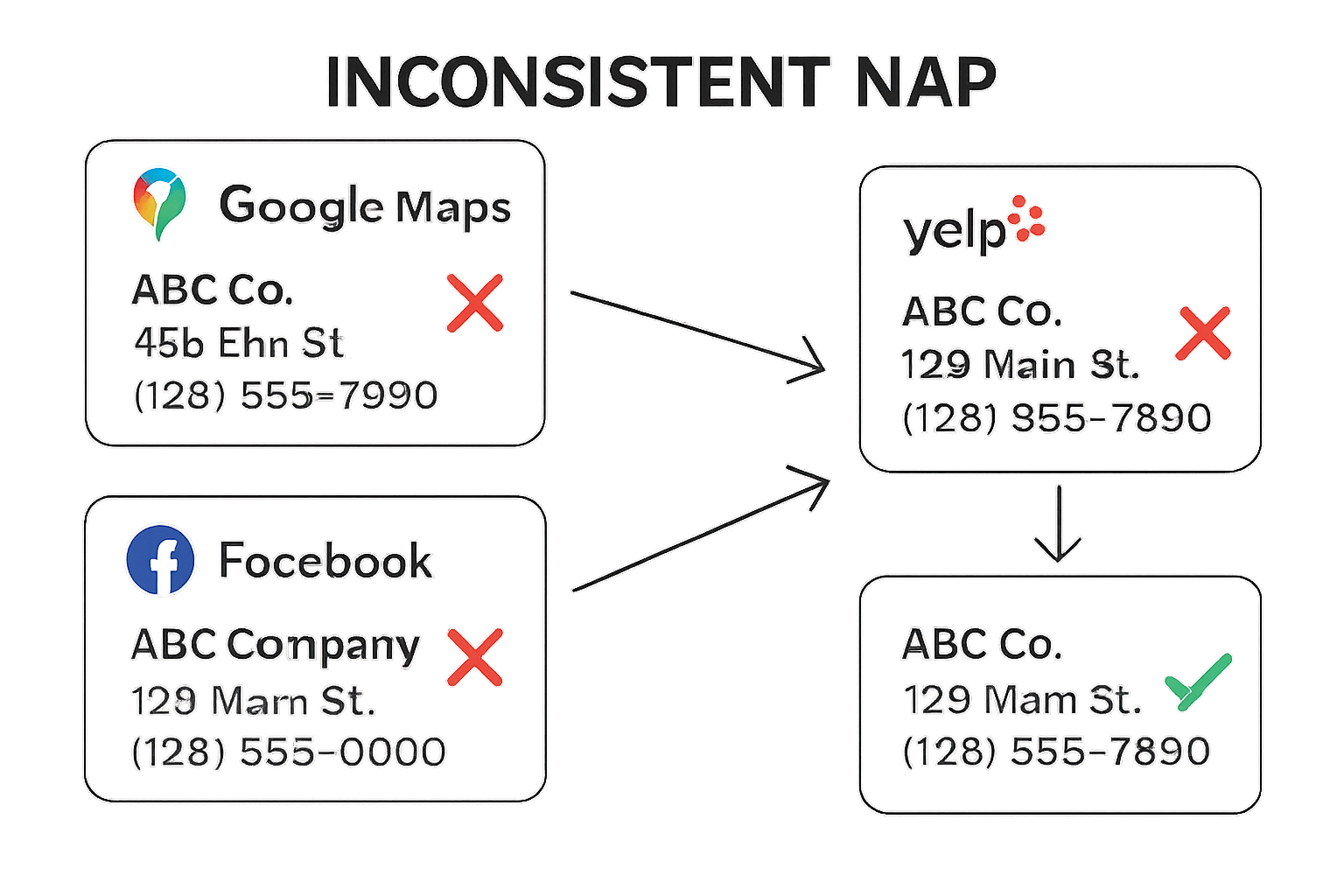 A graphic illustrating conflicting NAP information across various digital platforms (e.g., Google Maps, Yelp, Facebook), with red 'X' marks highlighting inconsistencies and a green checkmark on a corrected, unified NAP.