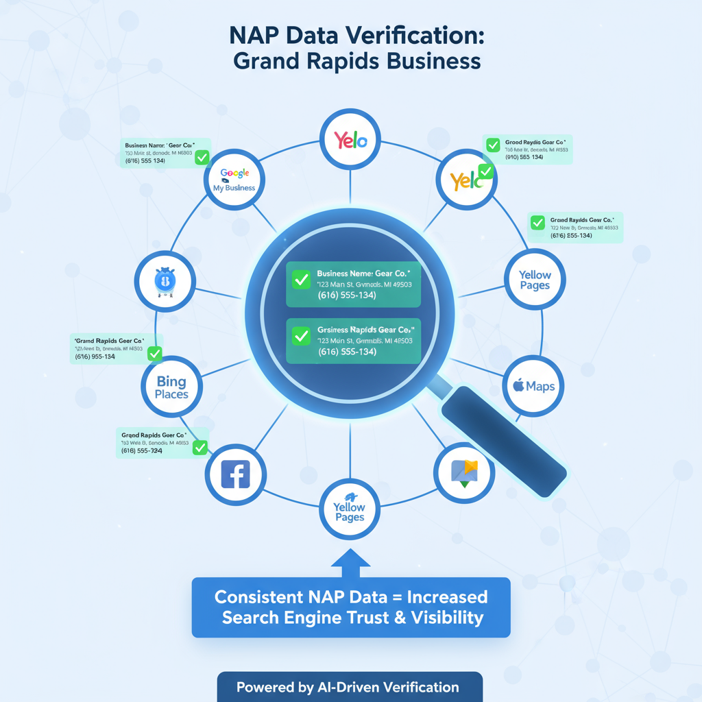 An infographic showing a 'digital magnifying glass' scanning various online directories and highlighting consistent NAP data for a Grand Rapids business, symbolizing the verification process by search engines.