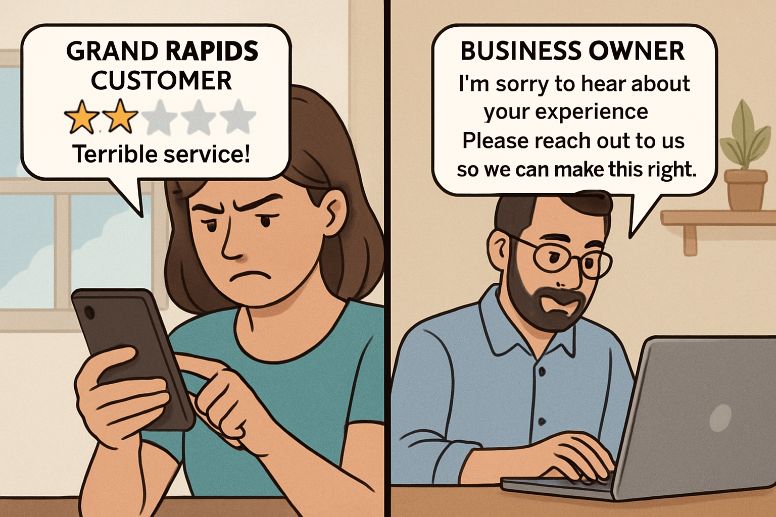 A split-screen graphic depicting the process of handling negative reviews for Grand Rapids businesses: a frustrated customer posts a review, and a business owner crafts a calm, empathetic, and professional response, highlighting effective reputation management.