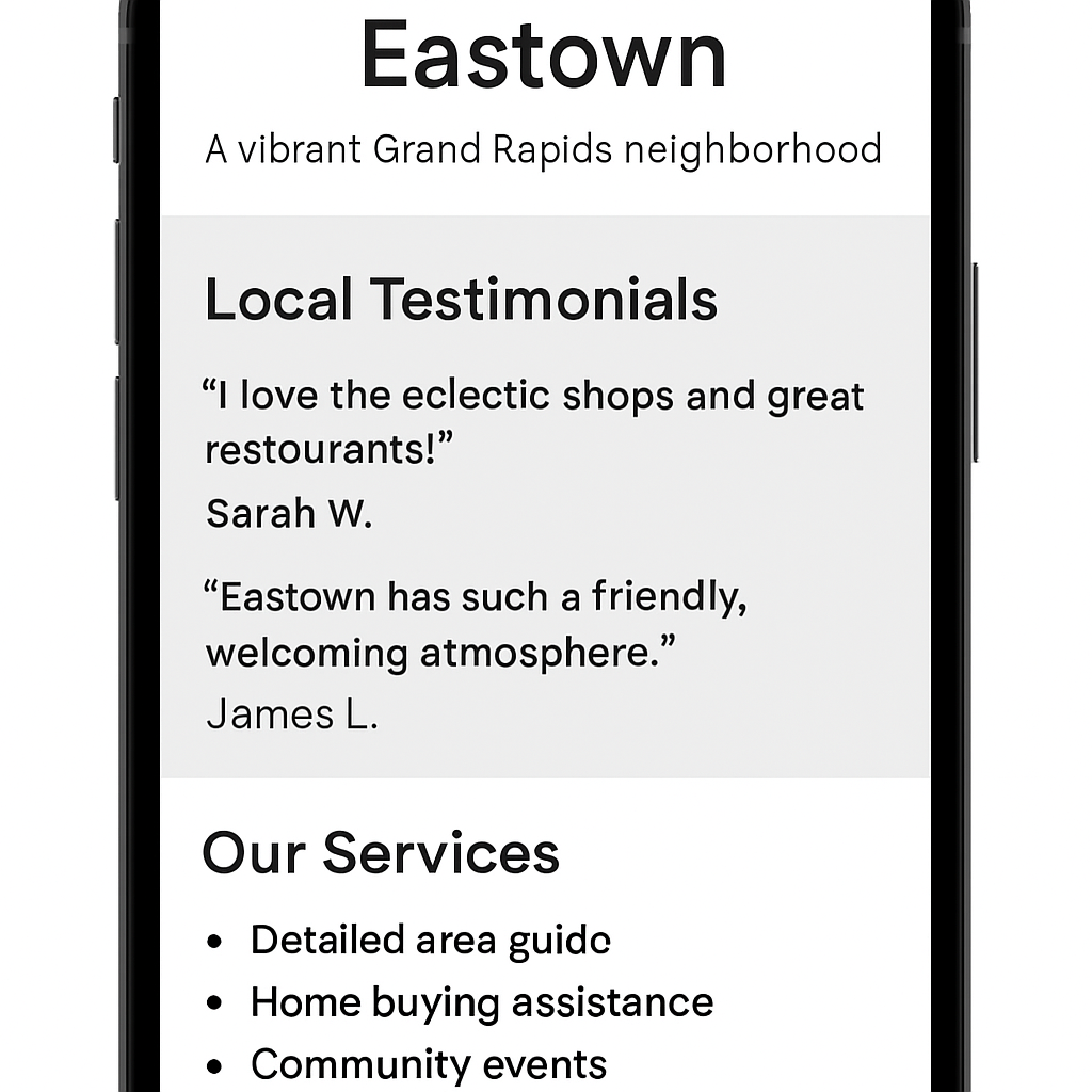 A mobile-optimized screenshot of a service-specific landing page for a Grand Rapids neighborhood, featuring local customer testimonials, neighborhood-specific service details, and a clear call-to-action.
