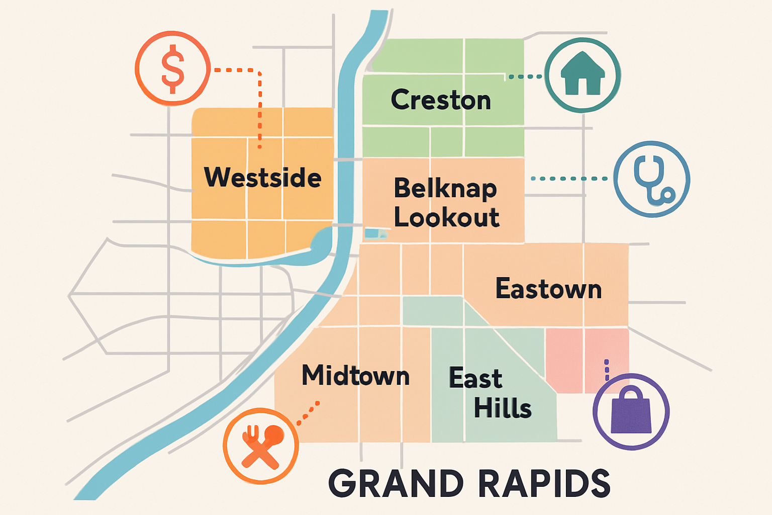 A digital map of Grand Rapids, Michigan, with distinct neighborhoods like East Grand Rapids, Heritage Hill, and Alger Heights highlighted, each featuring a service icon to represent dedicated landing pages for local service providers.
