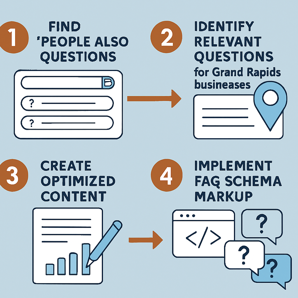 An infographic illustrating the workflow from identifying 'People Also Ask' questions for Grand Rapids businesses to creating optimized content and implementing FAQ schema markup.