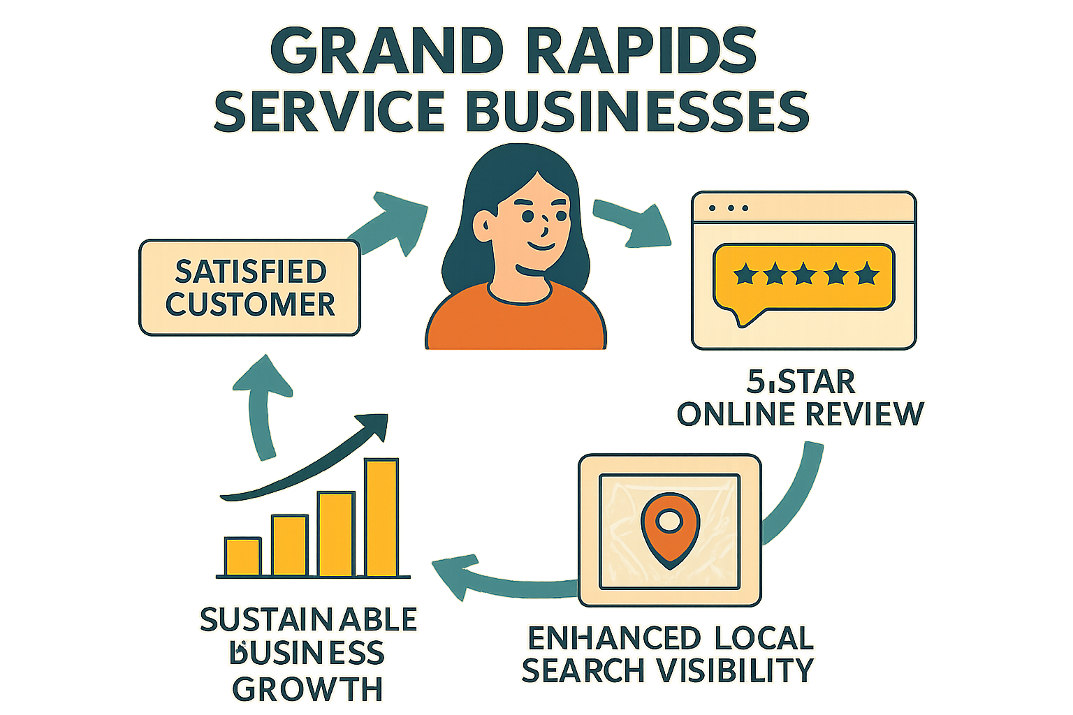A stylized infographic illustrating a positive feedback loop for Grand Rapids service businesses, where a satisfied customer leaves a 5-star online review, leading to enhanced local search visibility, attracting more new customers, and fostering sustainable business growth.