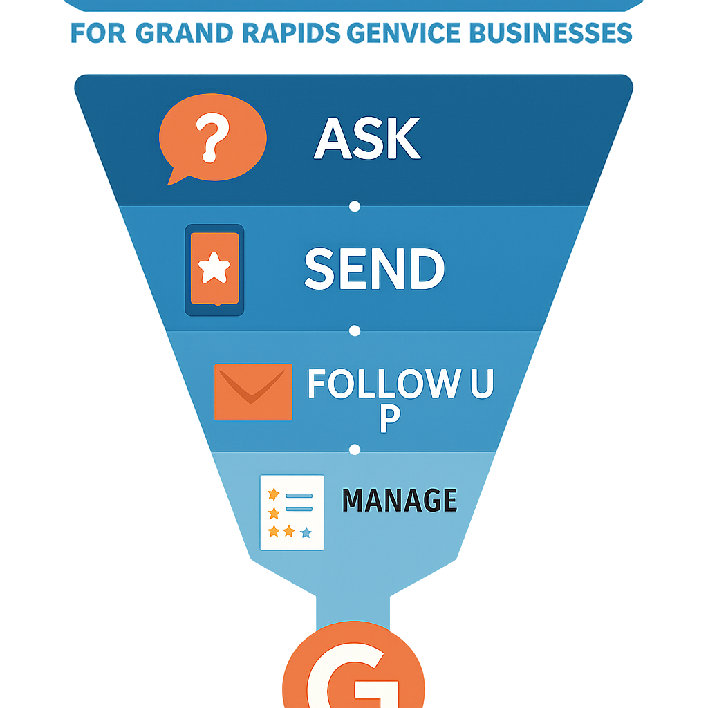 An infographic illustrating a step-by-step funnel for Grand Rapids service businesses to acquire Google reviews, from asking to follow-up and management.
