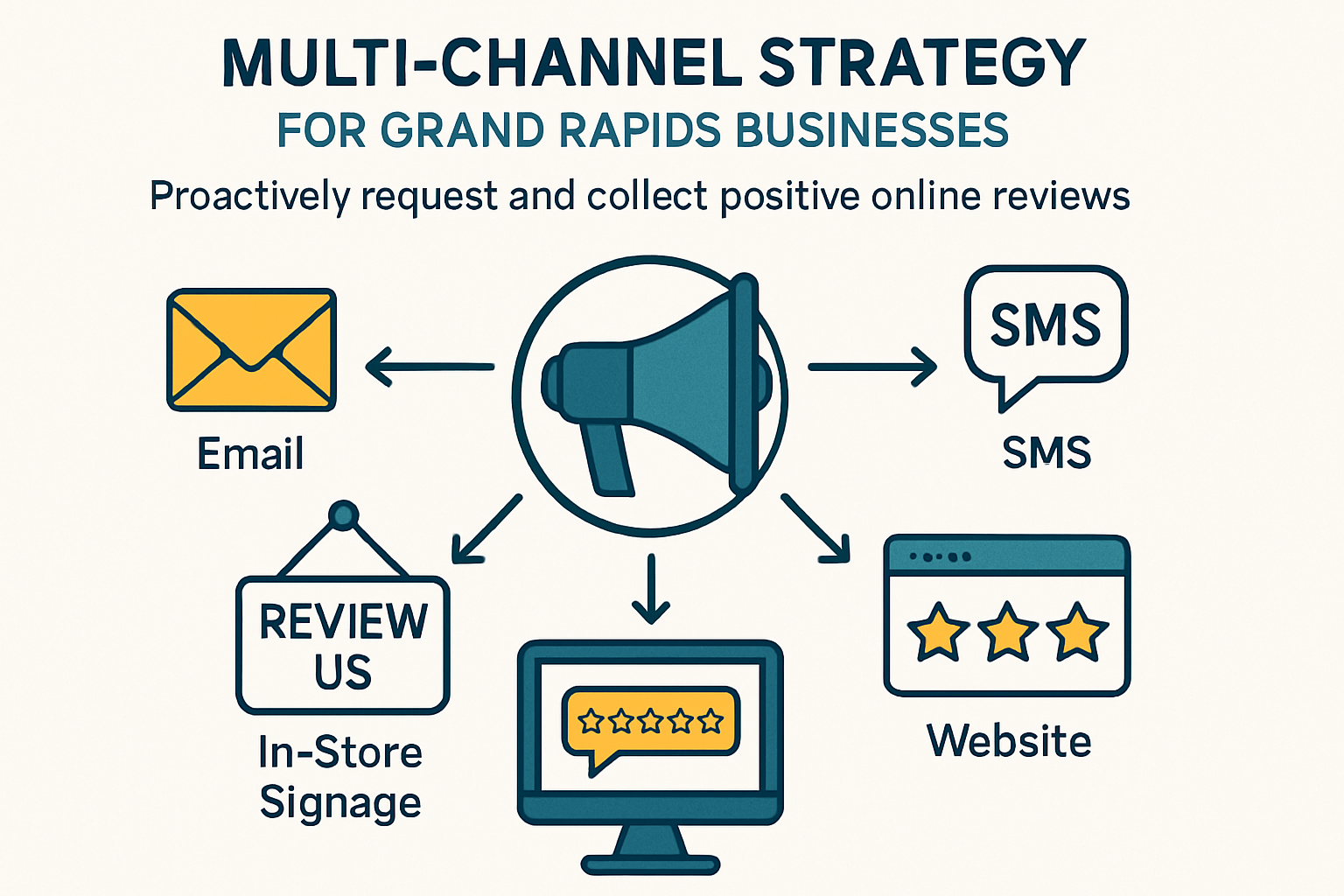 An infographic illustrating a multi-channel strategy for Grand Rapids businesses to proactively request and collect positive online reviews, including email, SMS, in-store signage, and website integration.