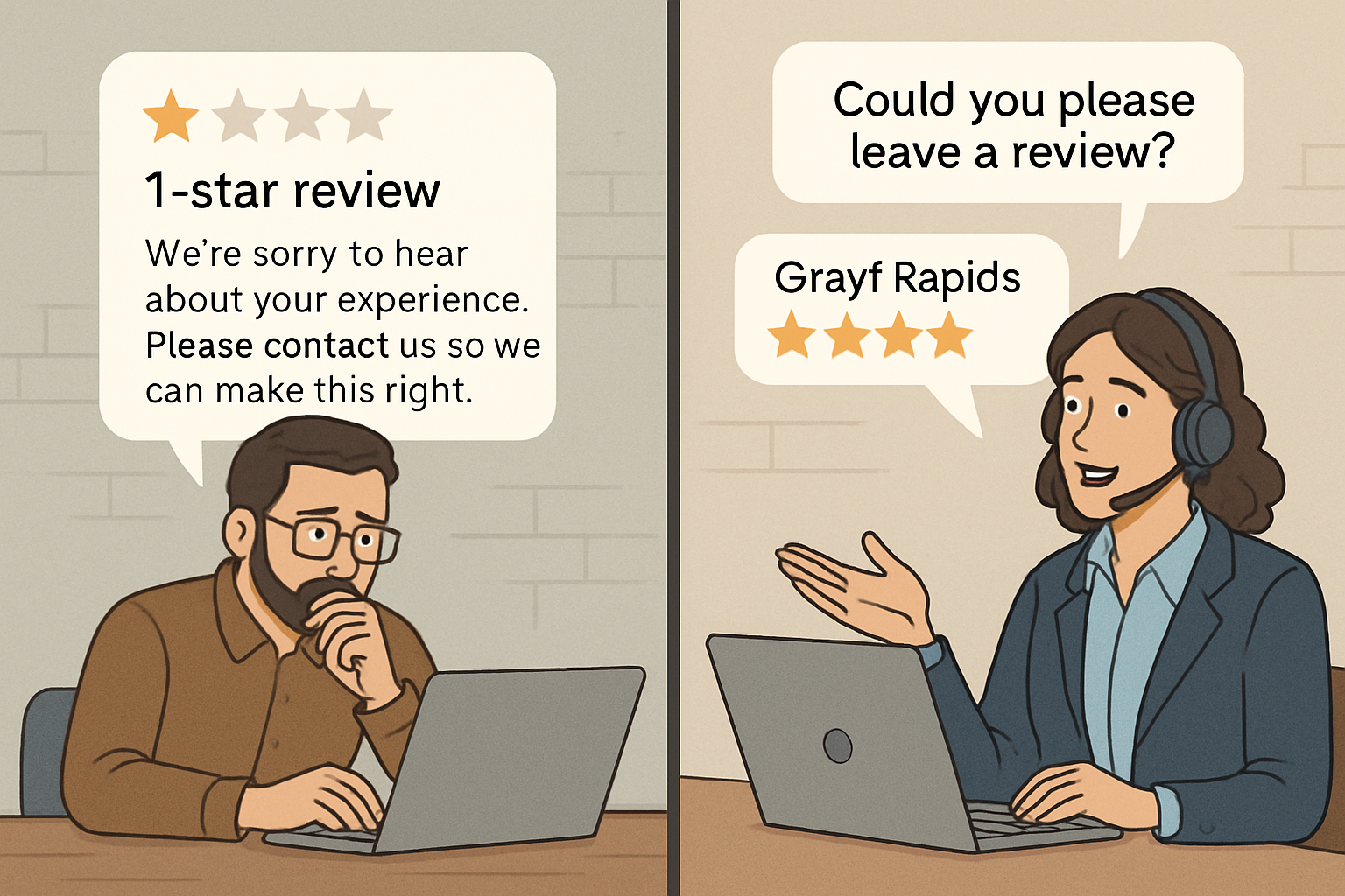 A split-screen image demonstrating effective online review management for Grand Rapids businesses: on one side, a business owner provides a thoughtful, empathetic response to a negative review; on the other, a customer service representative politely requests a review from a satisfied Grand Rapids client.