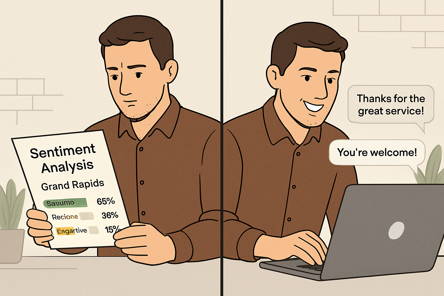 A split-screen image depicting a Grand Rapids business owner analyzing a sentiment analysis report for their brand on one side, and on the other side, engaging proactively with a customer online based on the positive or negative insights derived from the report.