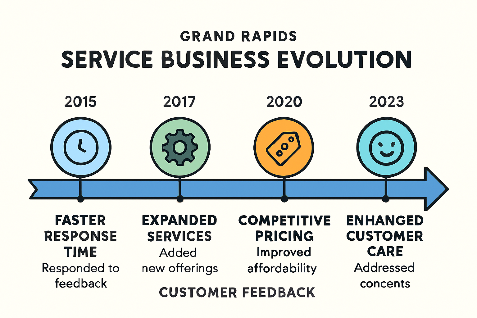 A timeline graphic showing the evolution of a Grand Rapids service business, highlighting key improvements made in response to customer feedback over time.